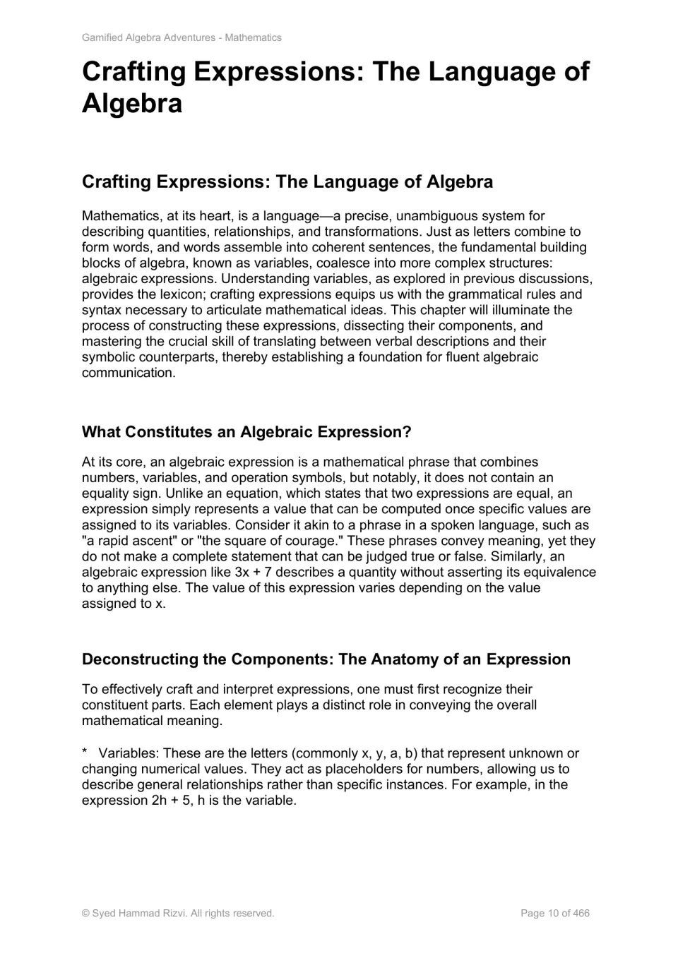 Chapter 2 opening lesson defines algebraic expressions, contrasts them with equations, and identifies variables