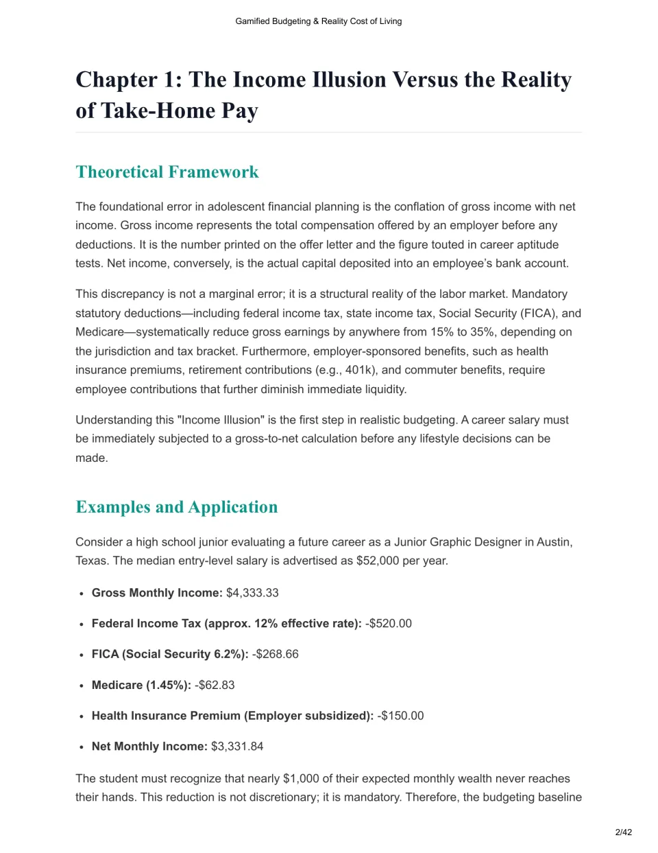 Chapter 1 theory explains gross versus net income using a $52,000 graphic designer salary and deductions