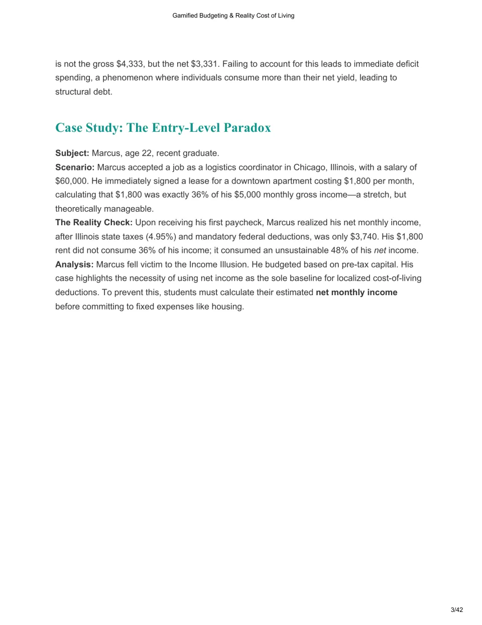 Chapter 1 case study follows Marcus, whose $1,800 rent consumes 48% of his $3,740 monthly take-home pay