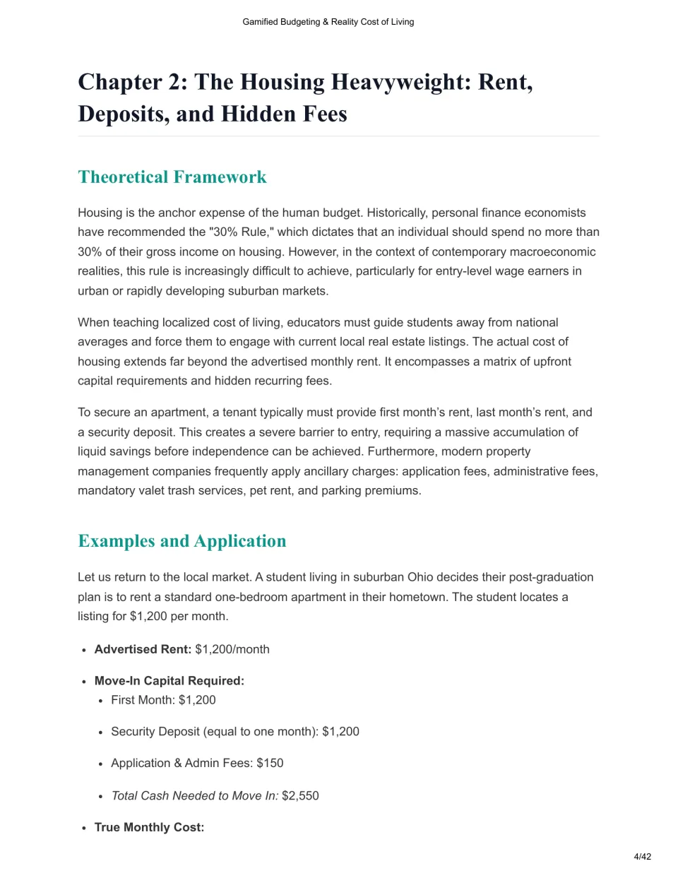 Chapter 2 theory covers rent, deposits, and hidden fees, with $2,550 in move-in costs for a $1,200 rental