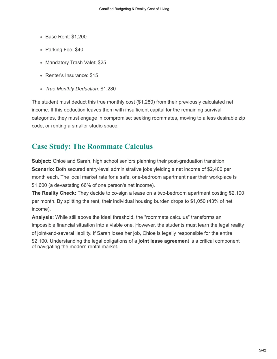 Chapter 2 continues with $1,280 in monthly housing costs and Chloe and Sarah's shared $2,100 apartment