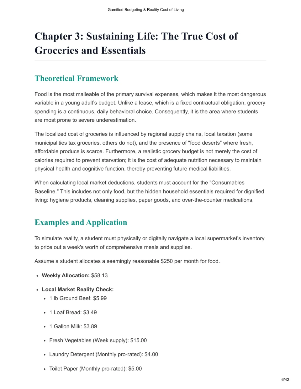 Chapter 3 theory examines groceries and household essentials, testing a $250 monthly food budget with local prices
