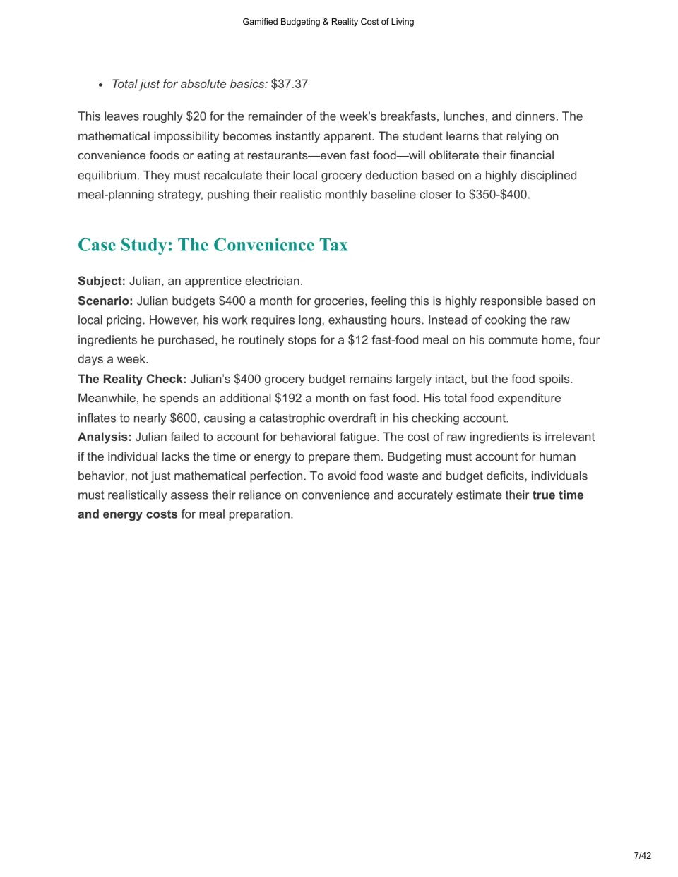 Chapter 3 case study examines Julian's $400 grocery budget, added fast-food spending, and meal preparation