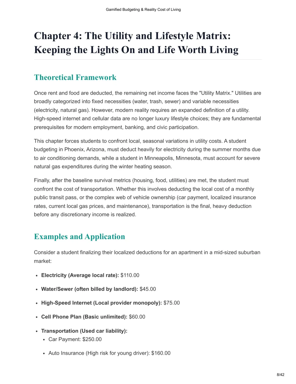 Chapter 4 theory covers seasonal utility bills and transportation costs, including car payments and insurance
