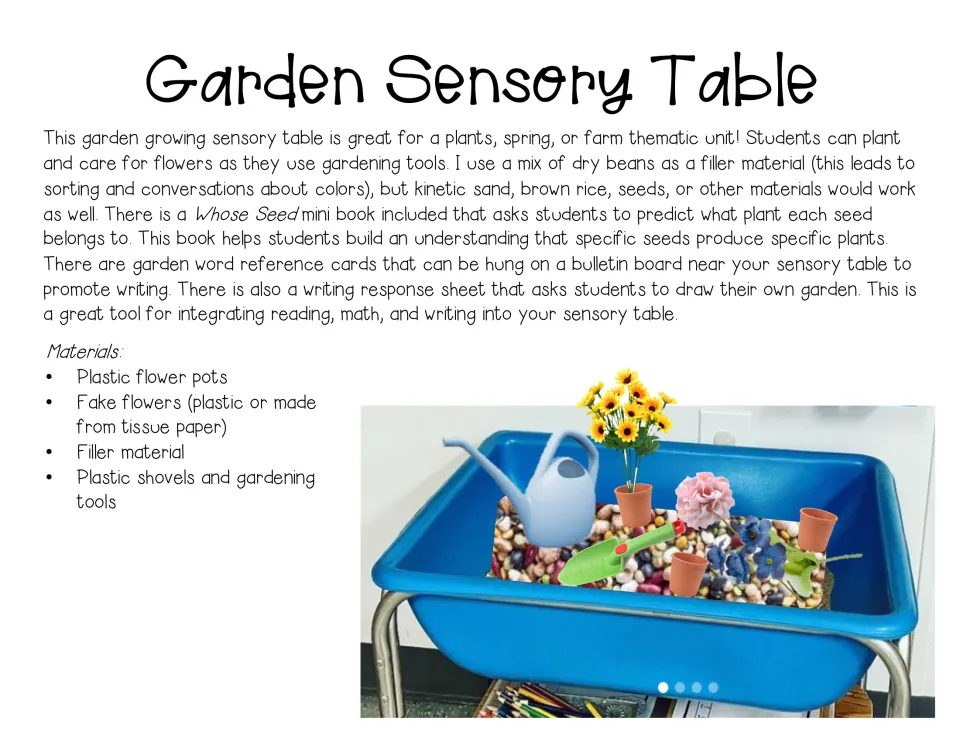 Garden Sensory Table teacher notes: set-up ideas, bean or sand filler options, materials list and photo of the finished bin