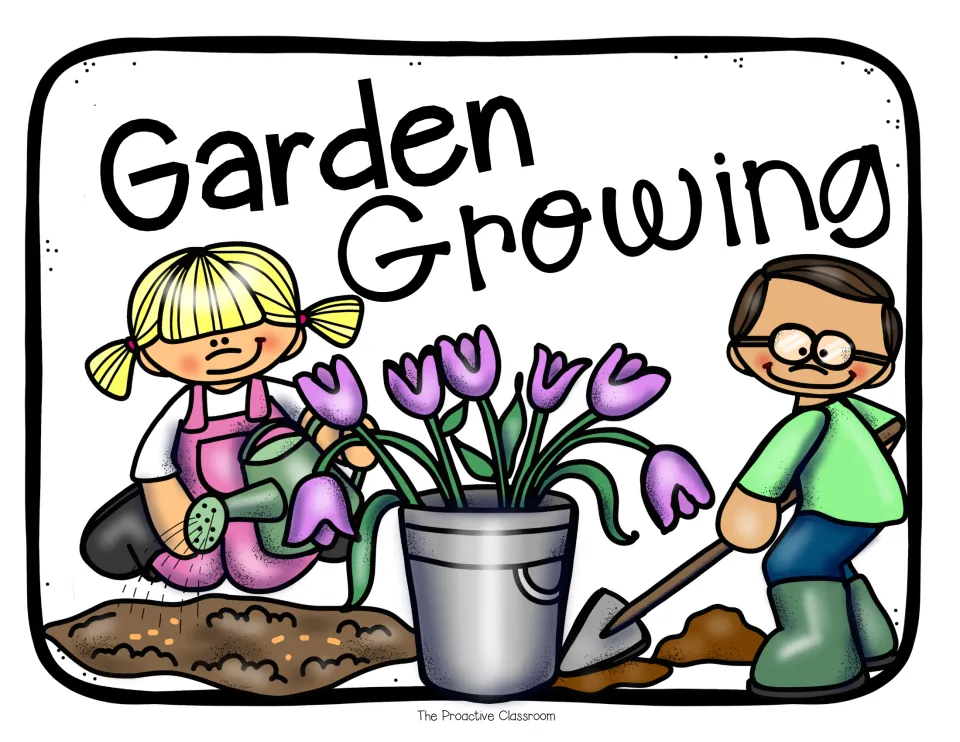 Garden Growing sign showing two children watering and digging beside a bucket of purple tulips, for display at the table