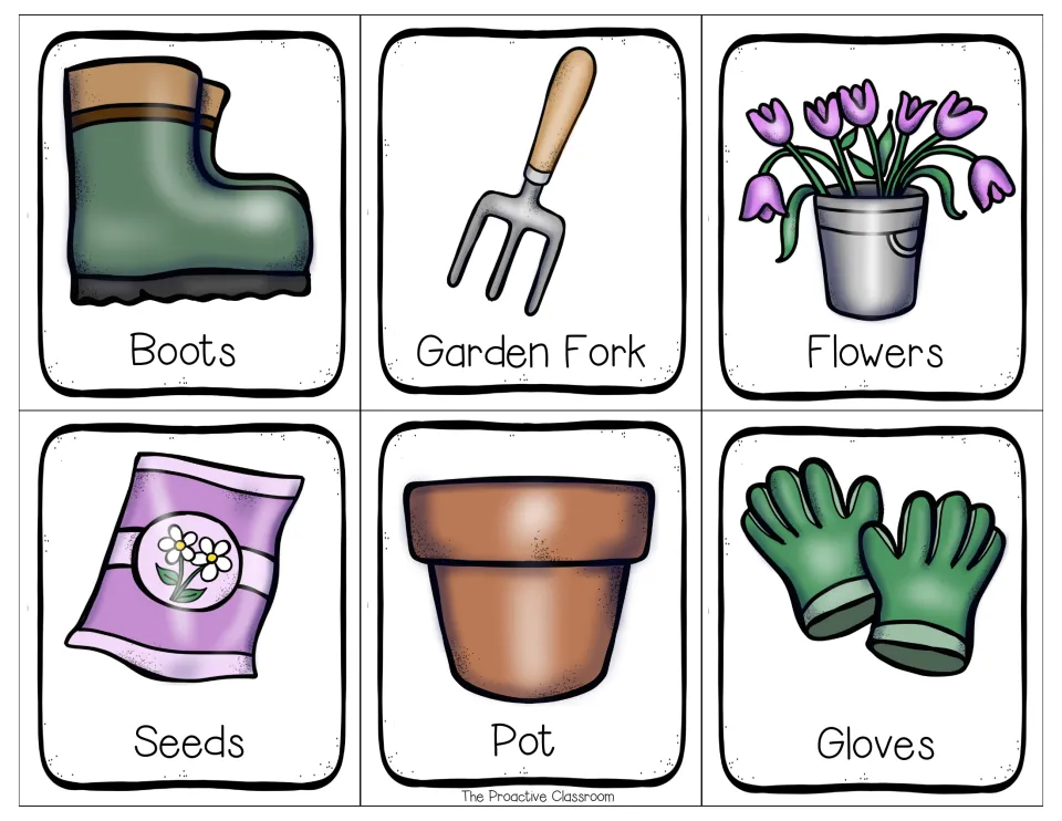 Garden vocabulary cards in mixed case: boots, garden fork, flowers, seeds, pot and gloves, each with a picture
