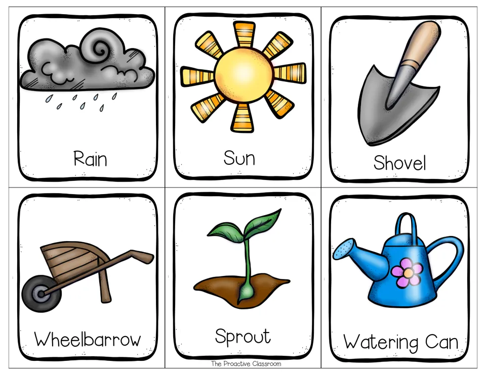 Garden vocabulary cards in mixed case: rain, sun, shovel, wheelbarrow, sprout and watering can, each with a picture