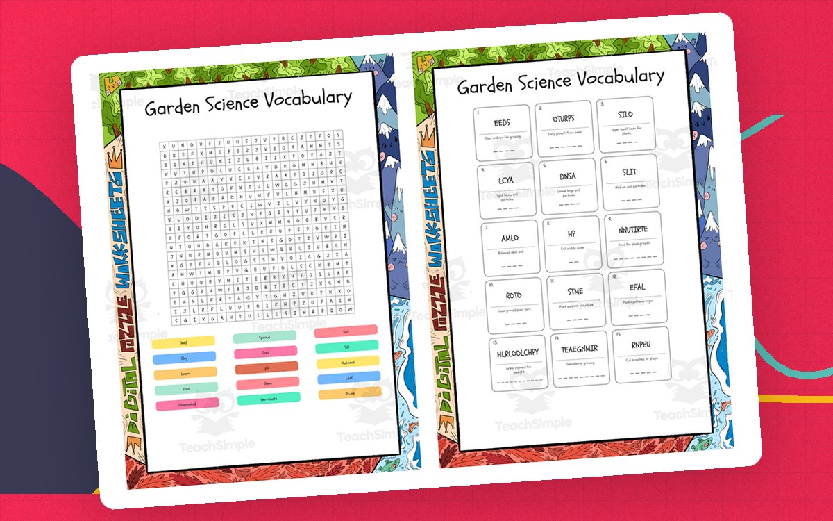 Garden Science Vocabulary word search, scramble and crossword puzzle teaching resource preview