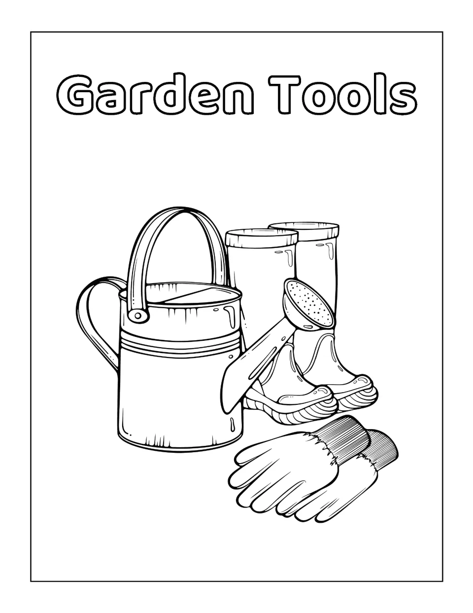 Garden Tools heading over a watering can, rubber boots and gardening gloves for students to color in detailed line art