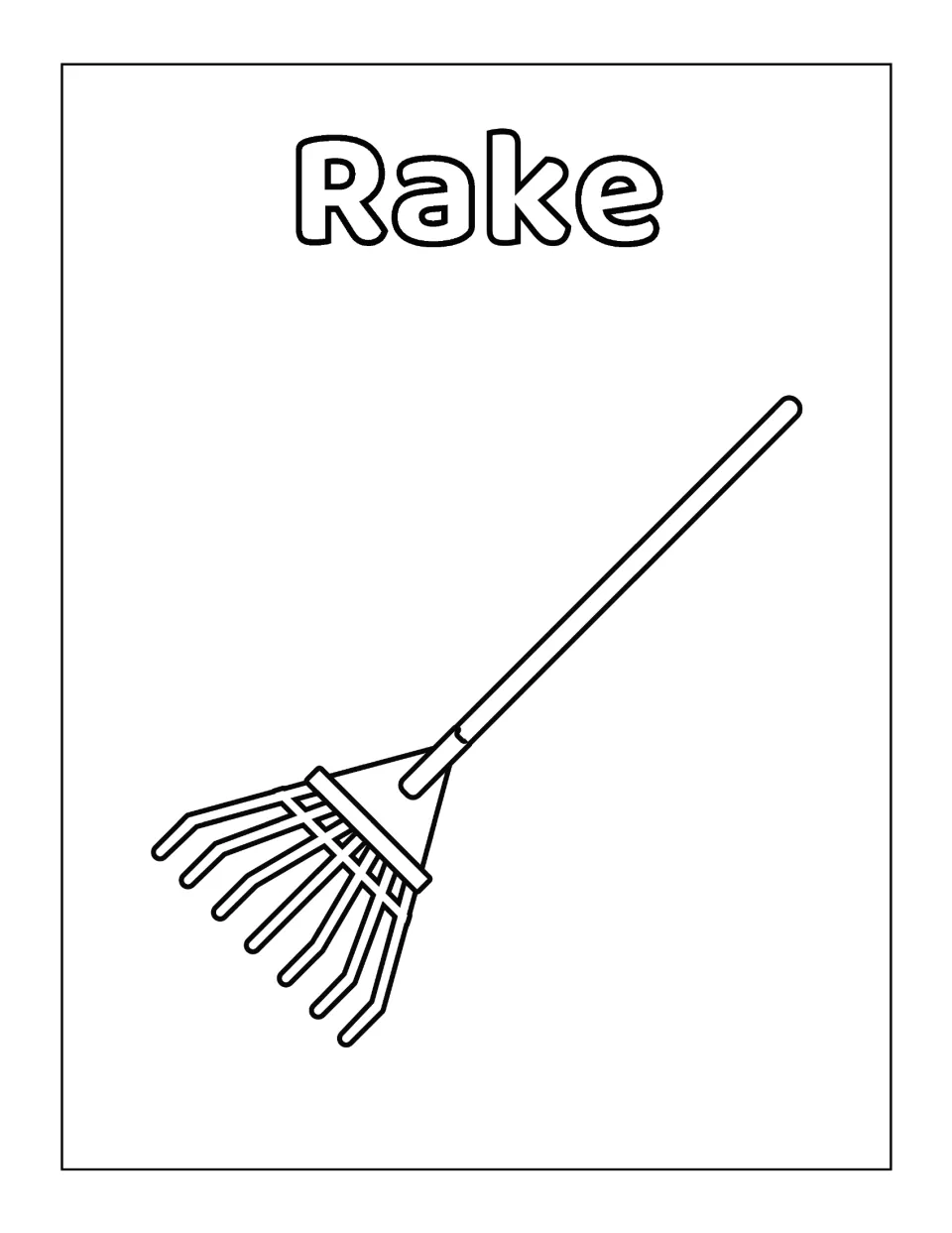 Rake: students color a tool with seven fanned, bent tines on a long straight handle, its name in outlined letters above