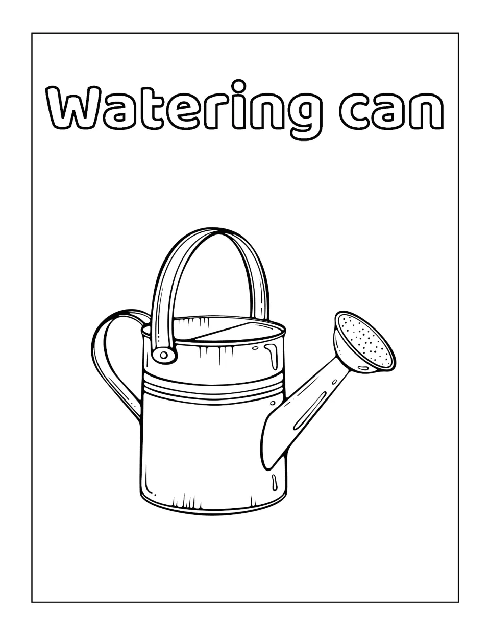 Watering can: students color a detailed metal can with a tall arched handle and a spout ending in a sprinkler rose