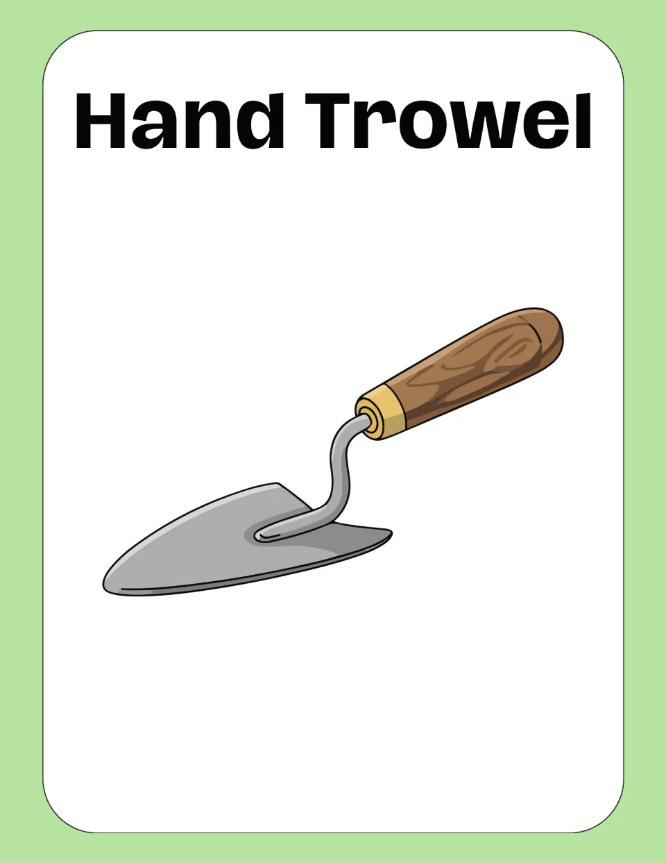 Hand Trowel word card: the label Hand Trowel above a pointed metal scoop with a wooden grip, for naming small tools