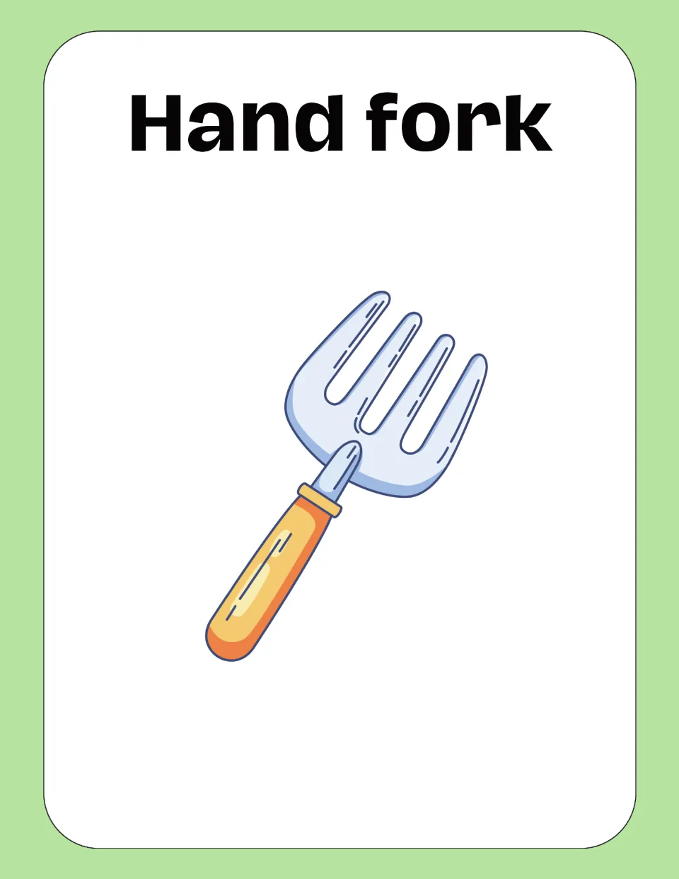 Hand fork vocabulary card: students read Hand fork beside a small four-pronged fork with an orange handle