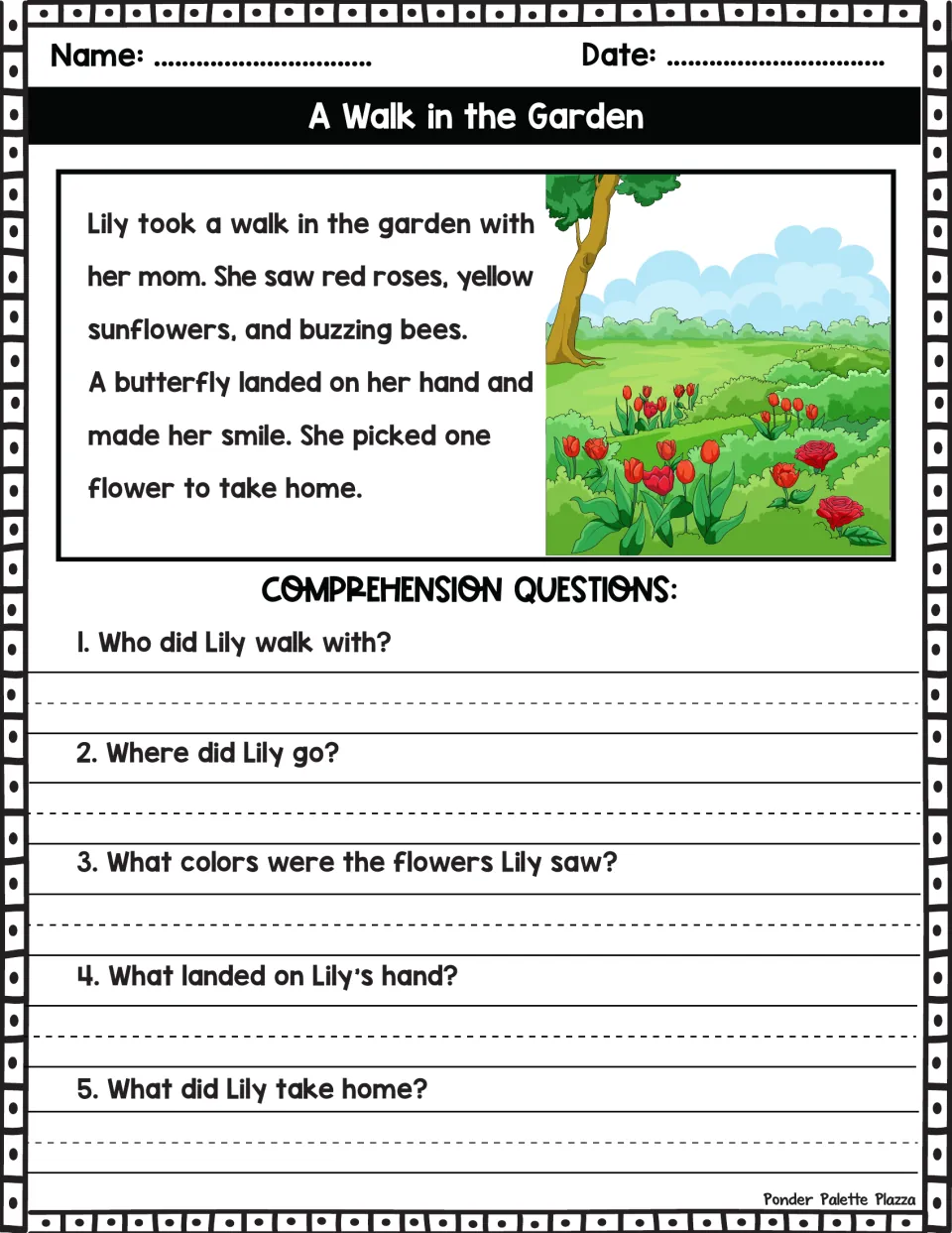 Reading passage about Lily's garden walk with her mom, followed by five questions about story details.