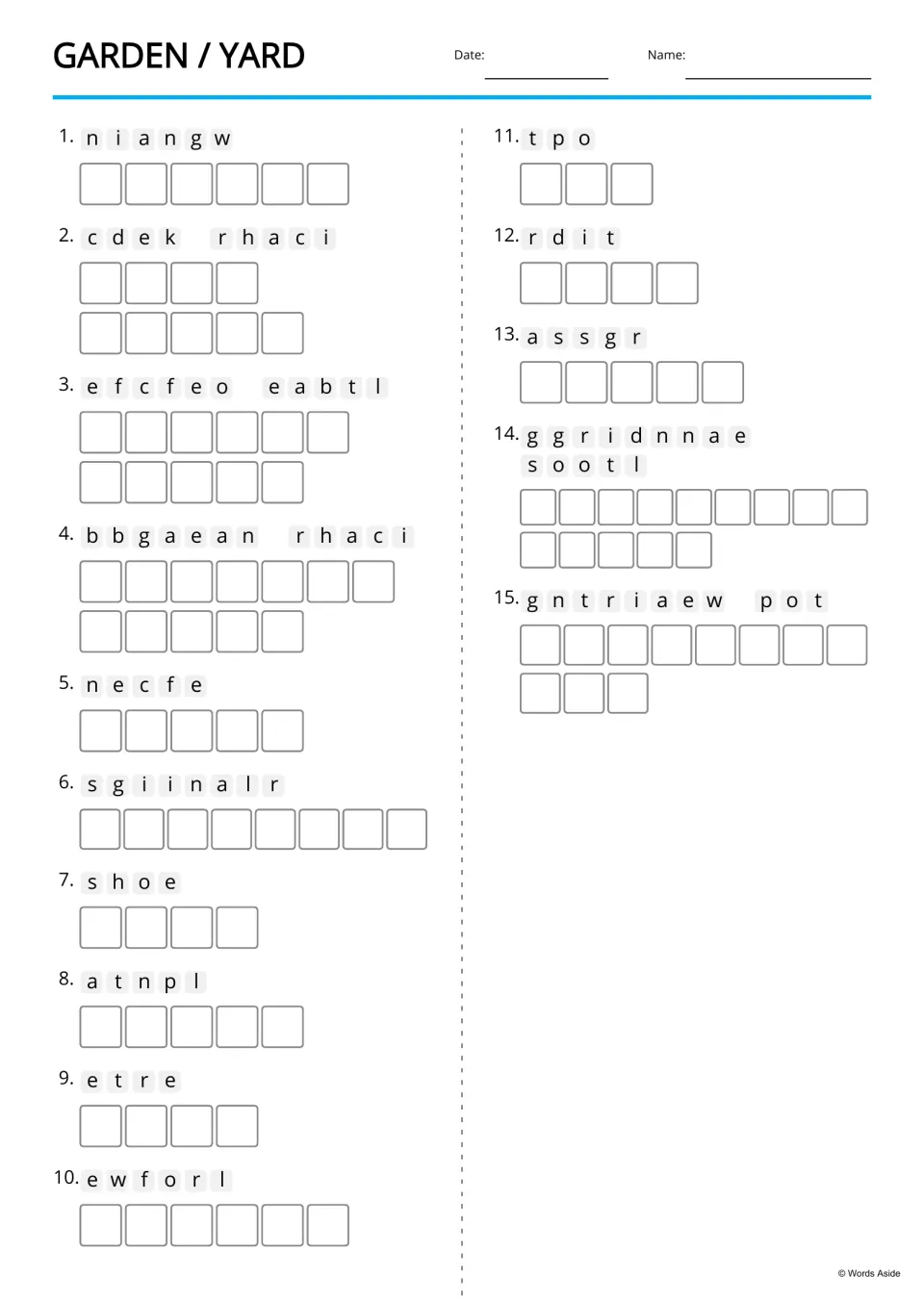 Garden and yard anagram activity covering 15 terms, including awning, deck chair, fence, and gardening tools