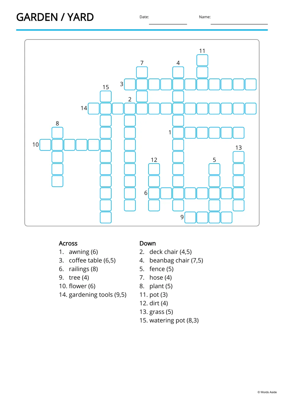Garden and yard copy-words crossword using 15 listed answers, including coffee table, railings, and dirt