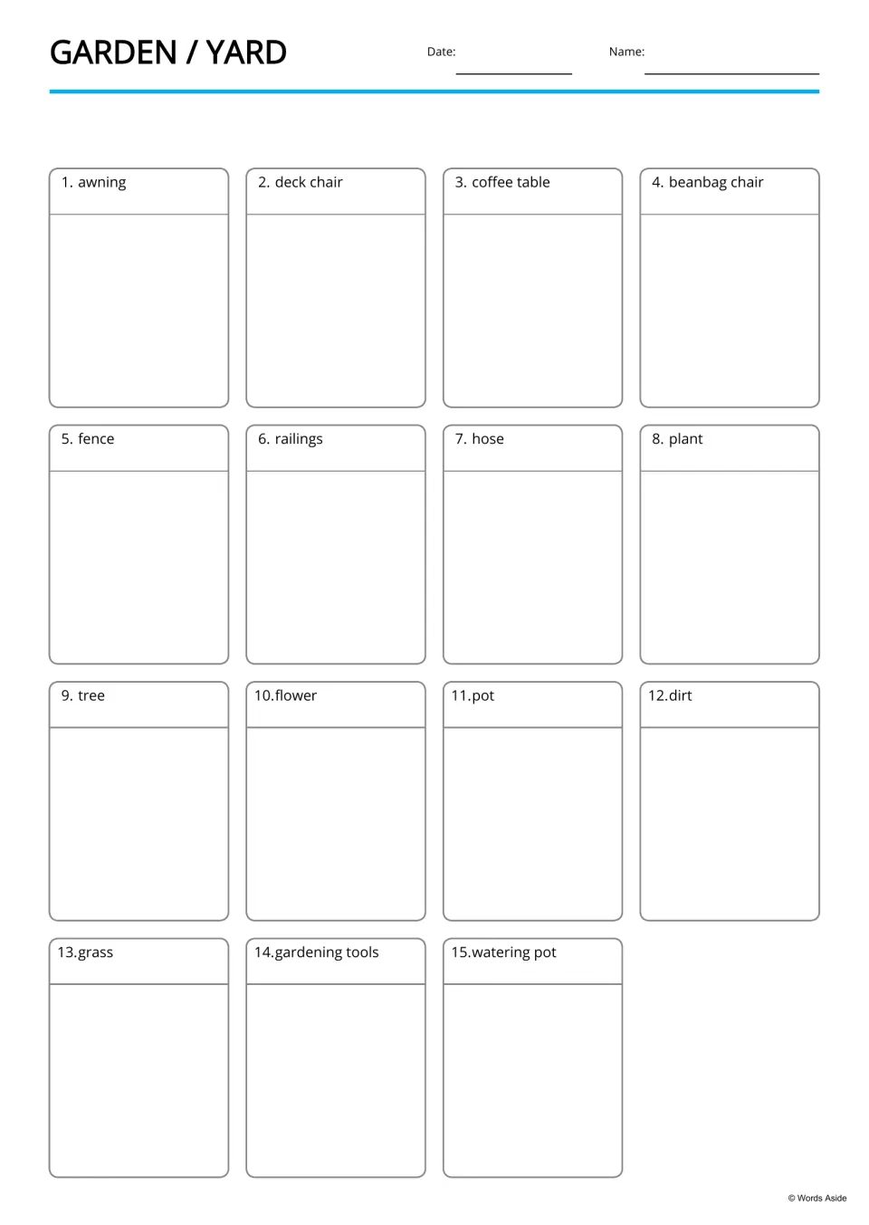 Blank writing board for 15 garden and yard terms, including beanbag chair, hose, grass, and watering pot