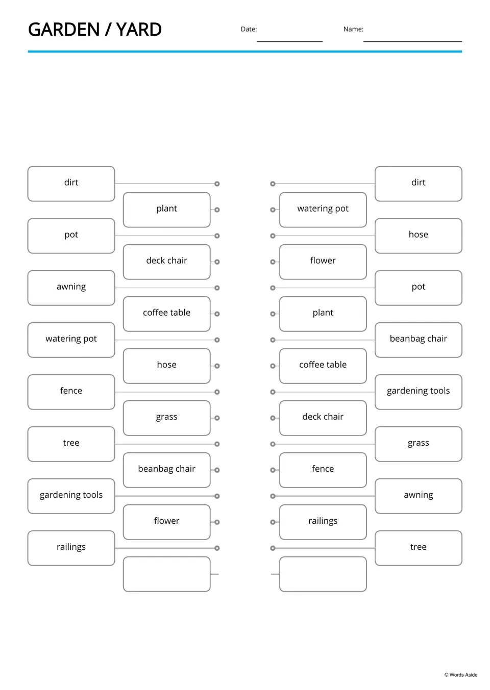 Garden and yard word-matching activity repeating 15 terms, including dirt, plant, pot, awning, and fence