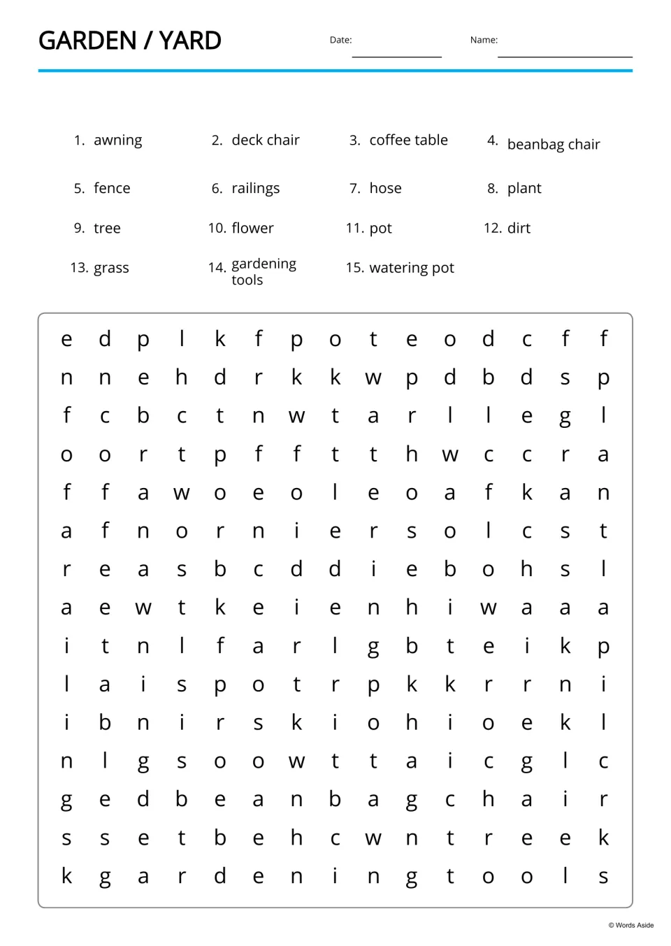 Garden and yard word search for 15 listed terms, including awning, beanbag chair, flower, and gardening tools