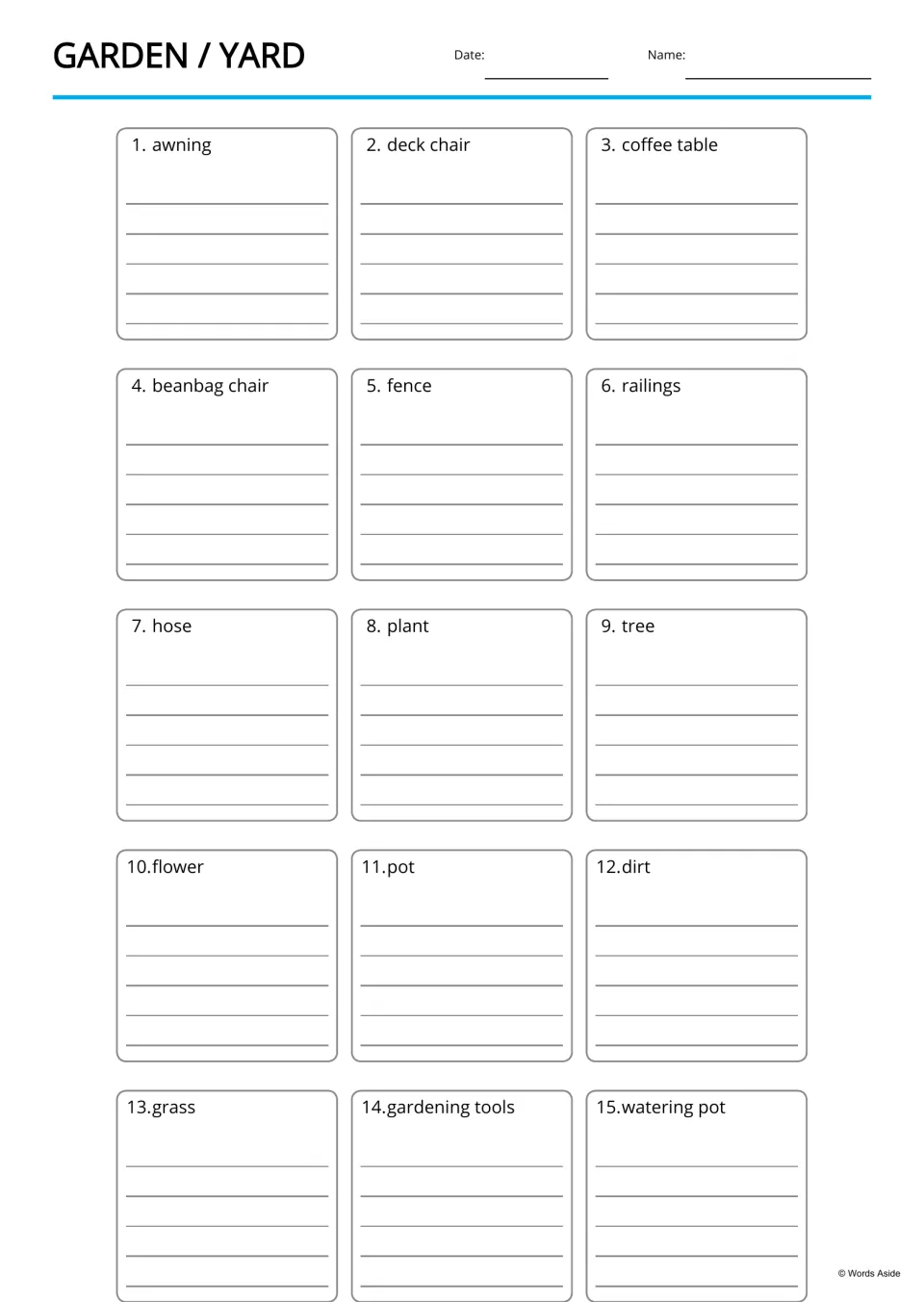 Lined writing board for 15 garden and yard terms, including deck chair, coffee table, tree, pot, and dirt