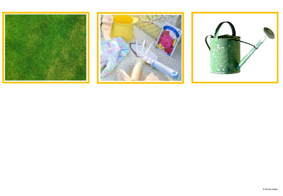 Garden and yard photo cards 13–15 show grass, gardening tools, and a watering can for the term watering pot