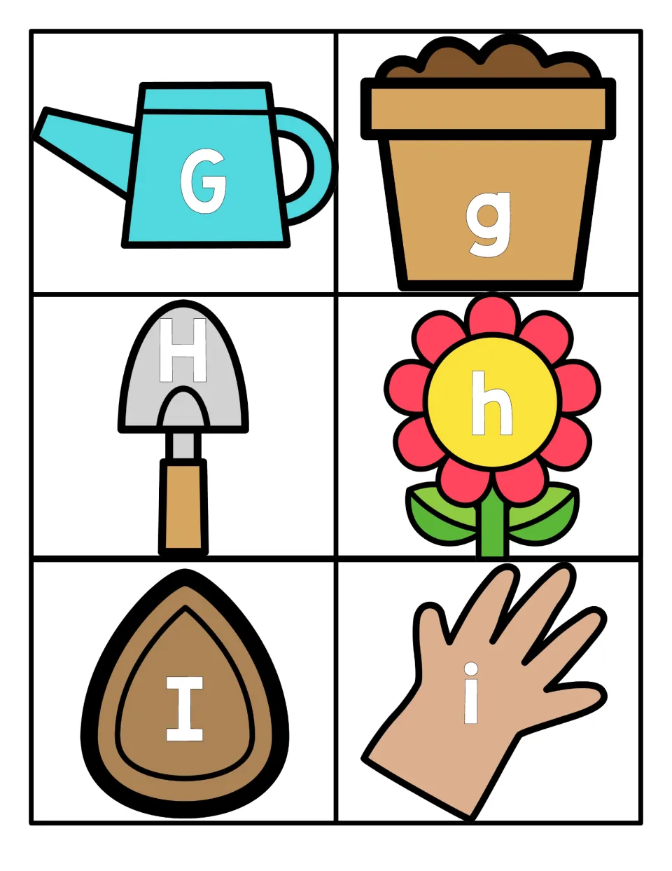 Letters G to I: uppercase G, H, I on a watering can, trowel and seed, paired with lowercase g, h, i on pot, flower and glove