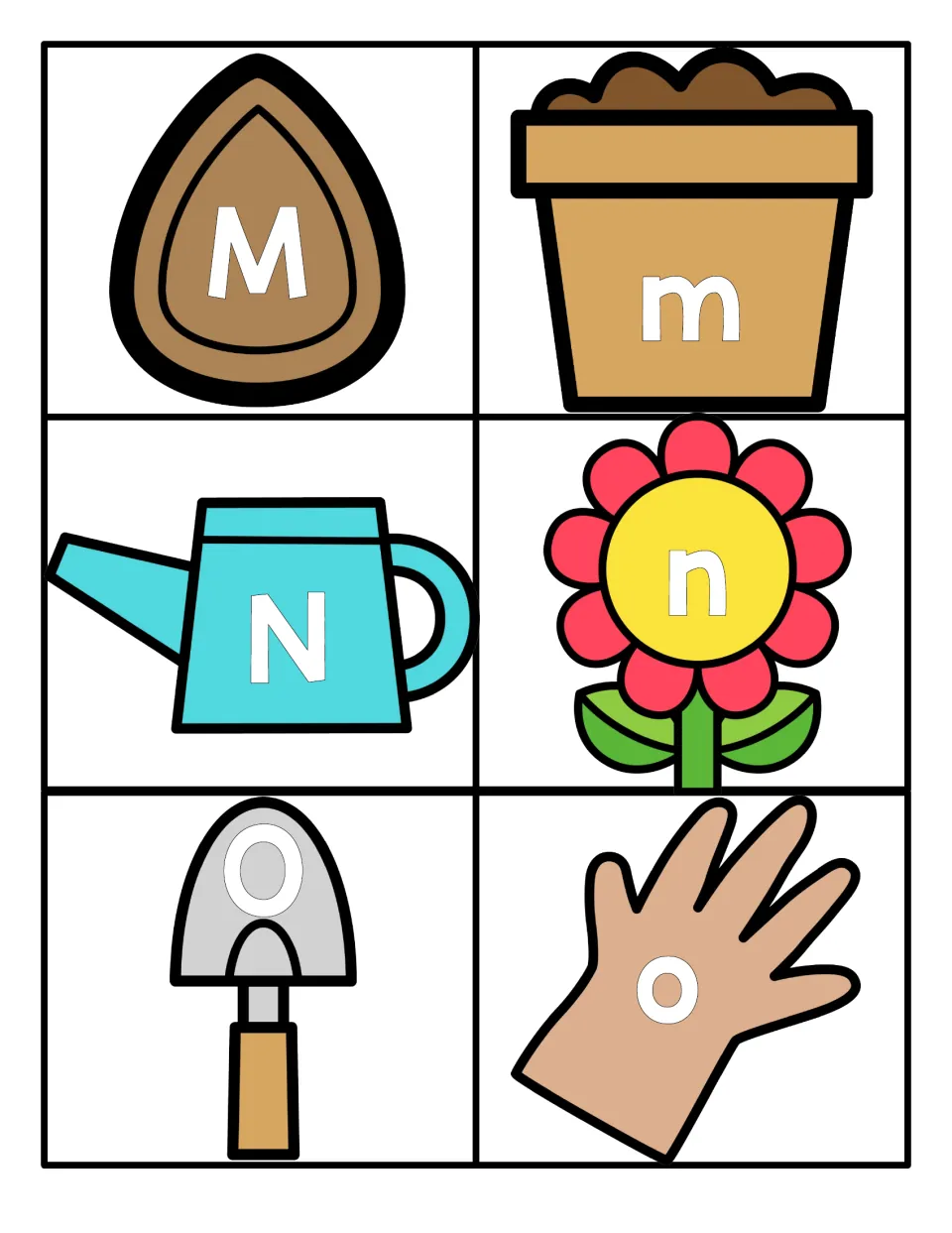 Letters M to O: capital M, N, O on a seed, watering can and trowel to match lowercase m, n, o on a pot, flower and glove