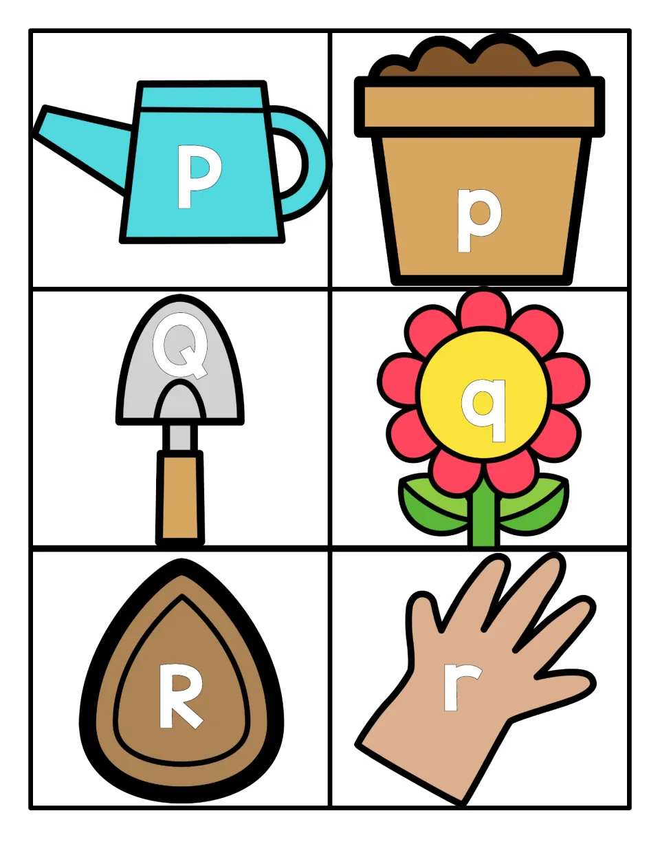 Letters P to R: uppercase P on a watering can, Q on a trowel, R on a seed; lowercase p, q, r on a pot, flower and glove