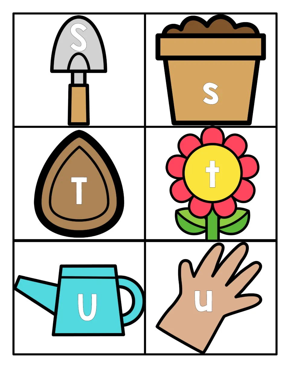 Letters S to U: uppercase S, T, U on a trowel, seed and watering can; lowercase s, t, u on a pot, flower and garden glove