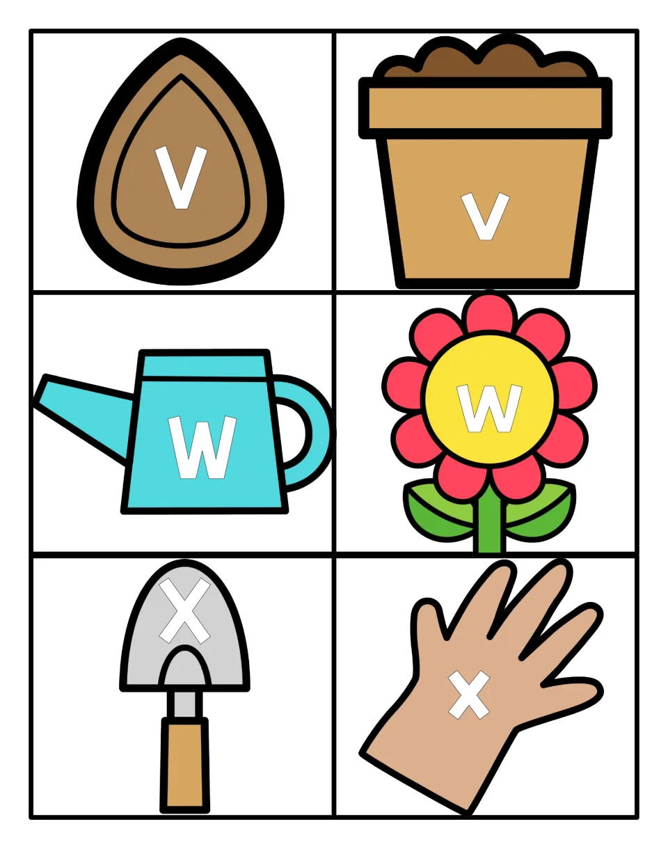 Letters V to X: capital V, W, X on a seed, watering can and trowel; lowercase v, w, x on a pot, flower and glove to match