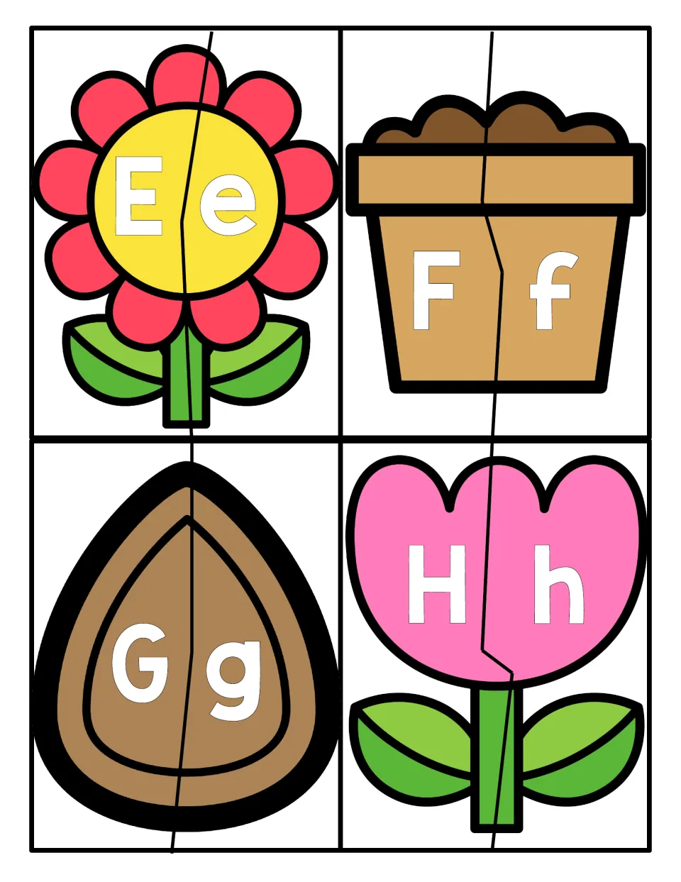 Letters E to H: garden picture puzzles split in two, students match capital E, F, G, H to the lowercase partner half
