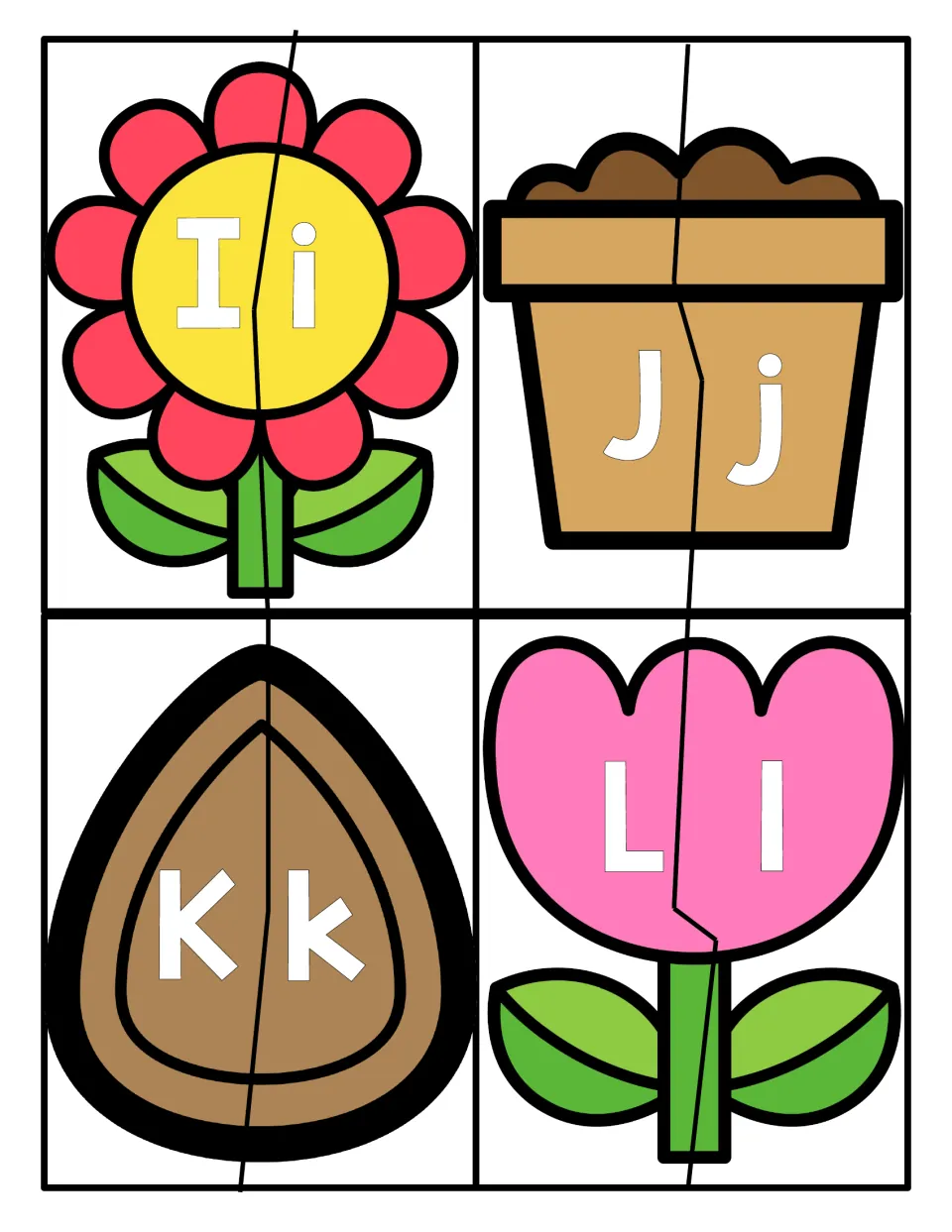 Letters I to L: flower, flowerpot, seed and tulip puzzles; students pair uppercase I, J, K, L with lowercase halves