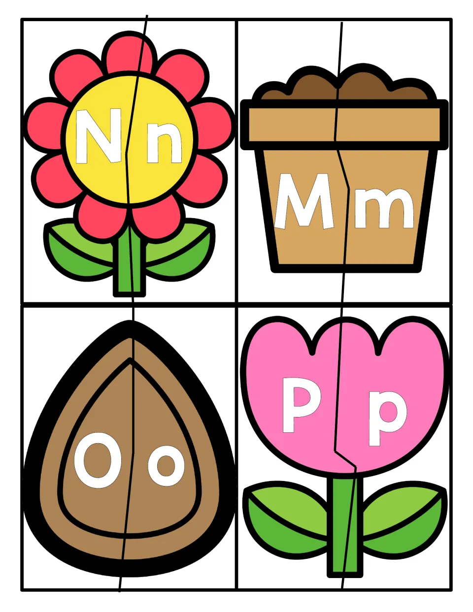 Letters M to P: two-part garden puzzles where children fit capital N, M, O, P to matching lowercase letter pieces