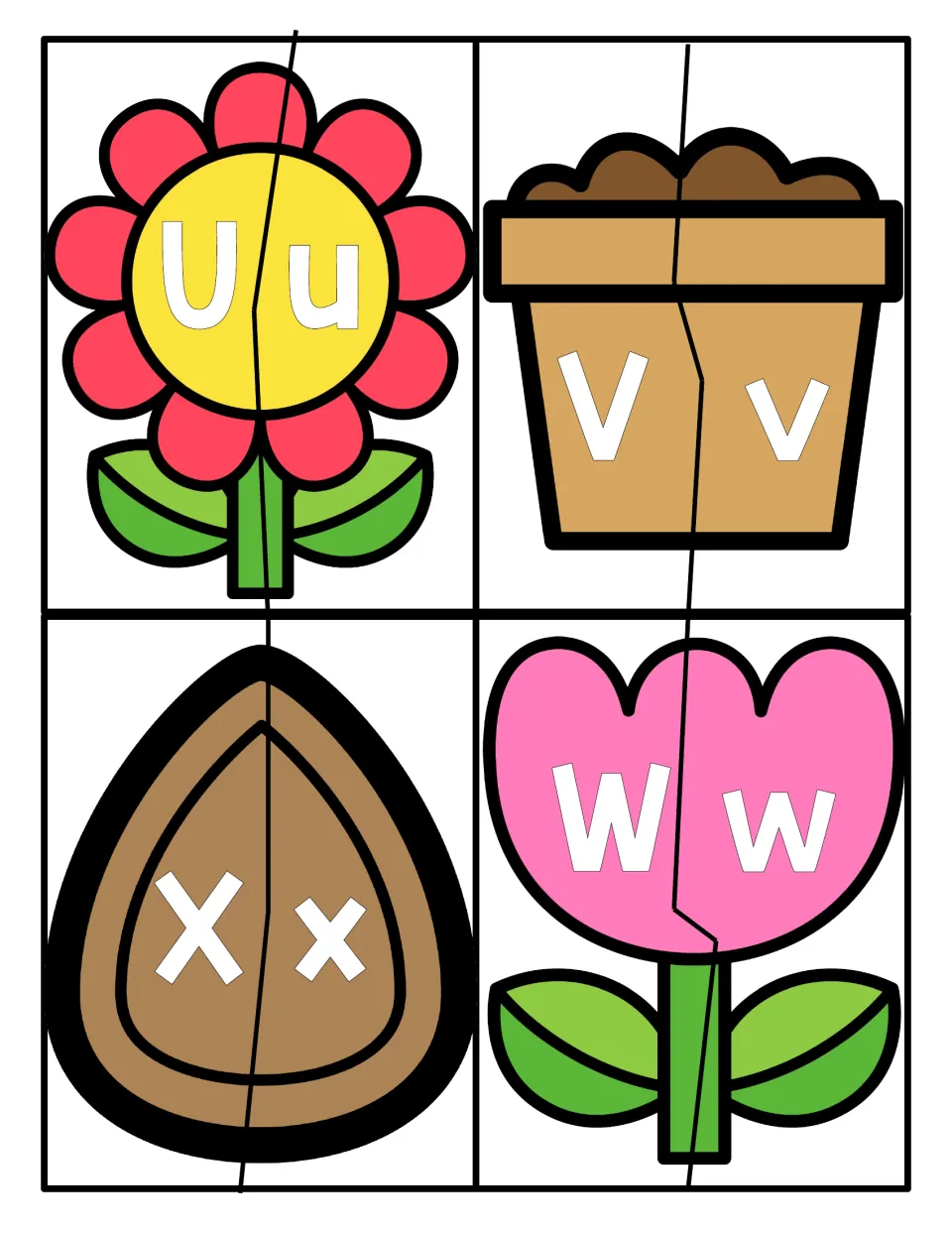 Letters U to X: split garden pictures for pairing capital U, V, W, X with lowercase pieces to complete each image
