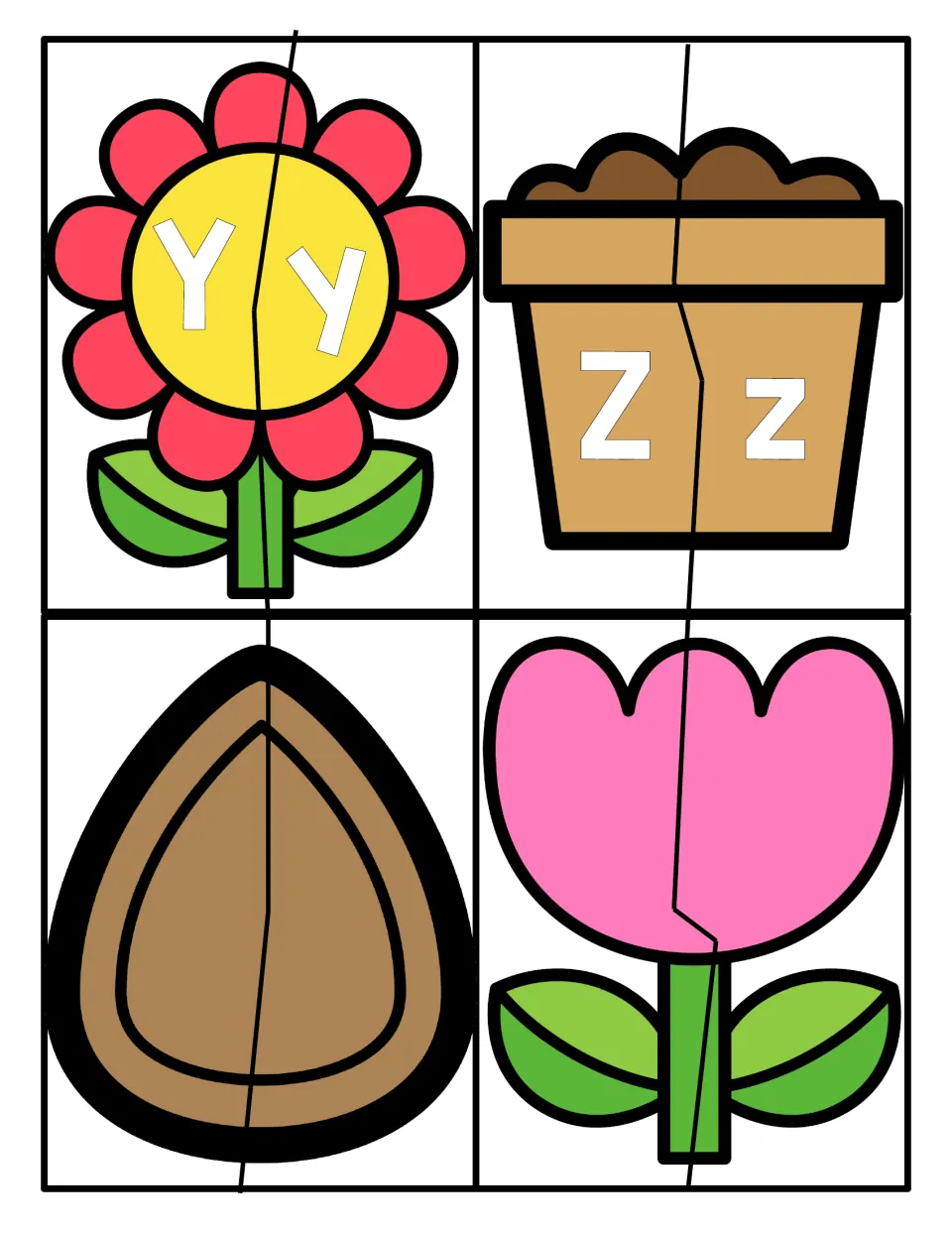 Letters Y and Z: flower and pot letter-matching puzzles, plus blank seed and tulip puzzles without any letters