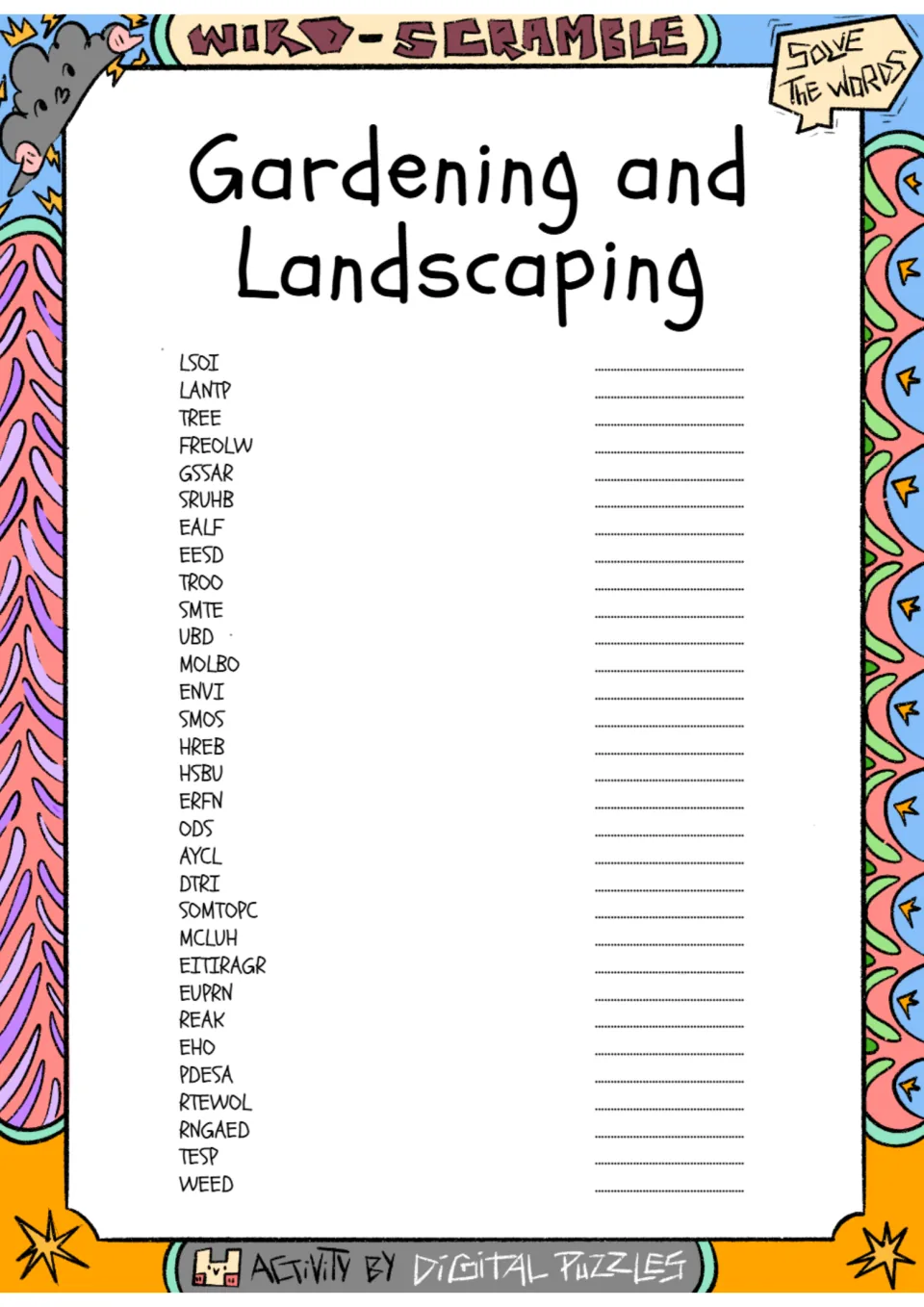 Gardening and landscaping word scramble: students unscramble 30 words such as LSOI, FREOLW and SOMTOPC into garden terms