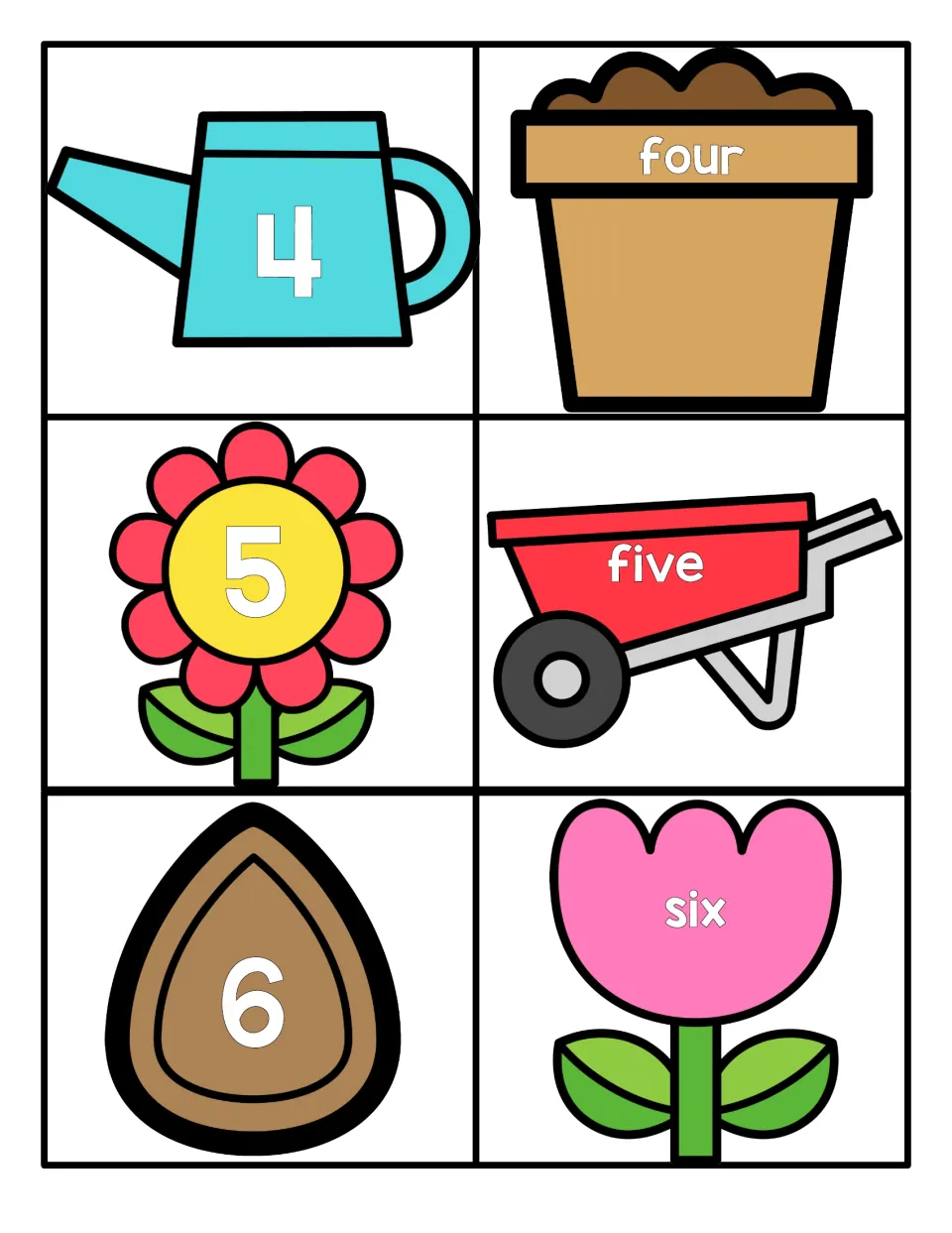 Numbers 4 to 6: students pair the numerals 4, 5 and 6 on a watering can, flower and seed with the words four, five and six