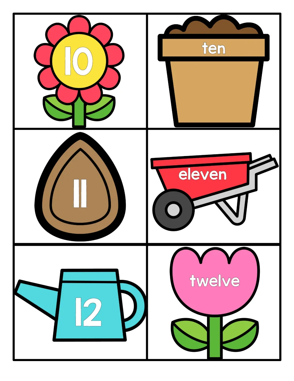 Numbers 10 to 12: children match numerals 10, 11 and 12 on a flower, seed and watering can to the words ten, eleven, twelve