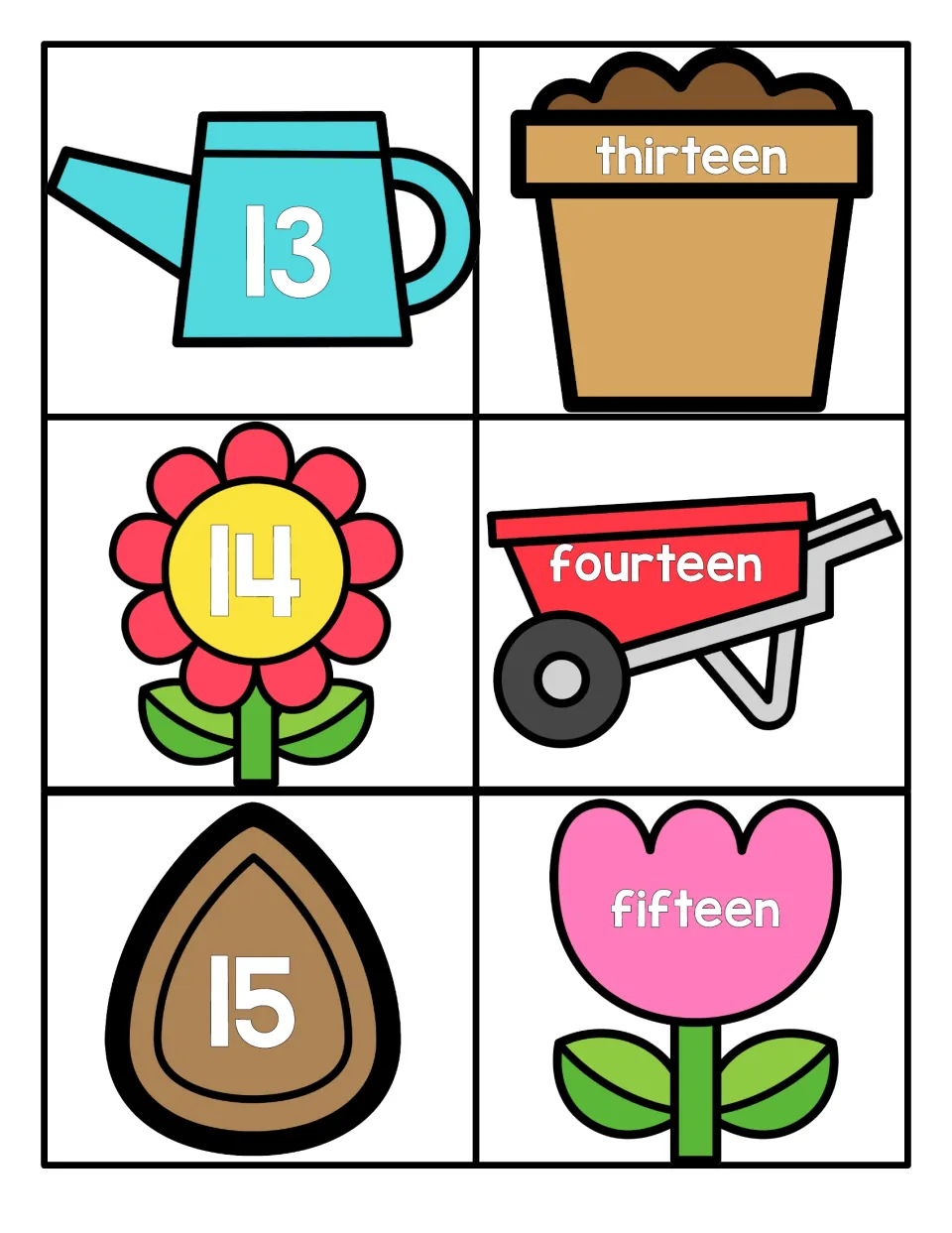 Teen numbers 13 to 15: pair the numerals on a watering can, flower and seed with thirteen, fourteen and fifteen word cards