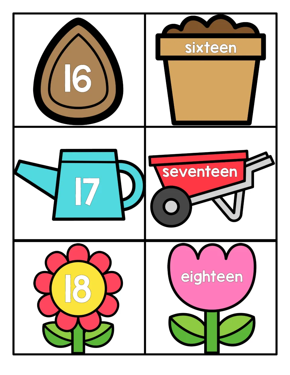 Teen numbers 16 to 18: numeral matching with 16 on a seed, 17 on a watering can, 18 on a flower and their number words