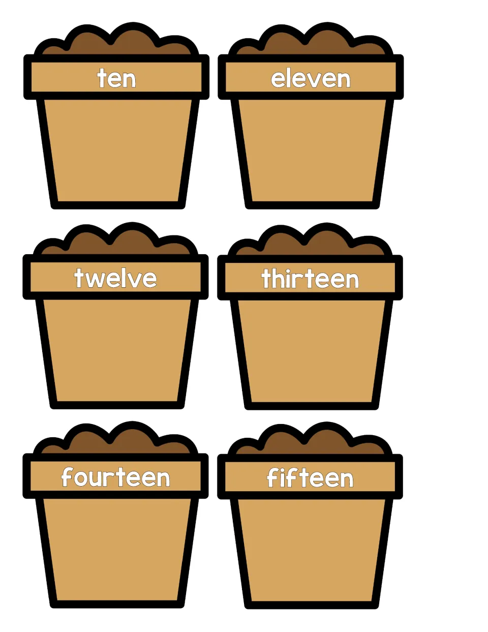 Number words ten, eleven, twelve, thirteen, fourteen and fifteen on six cut-out flower pots for numeral matching