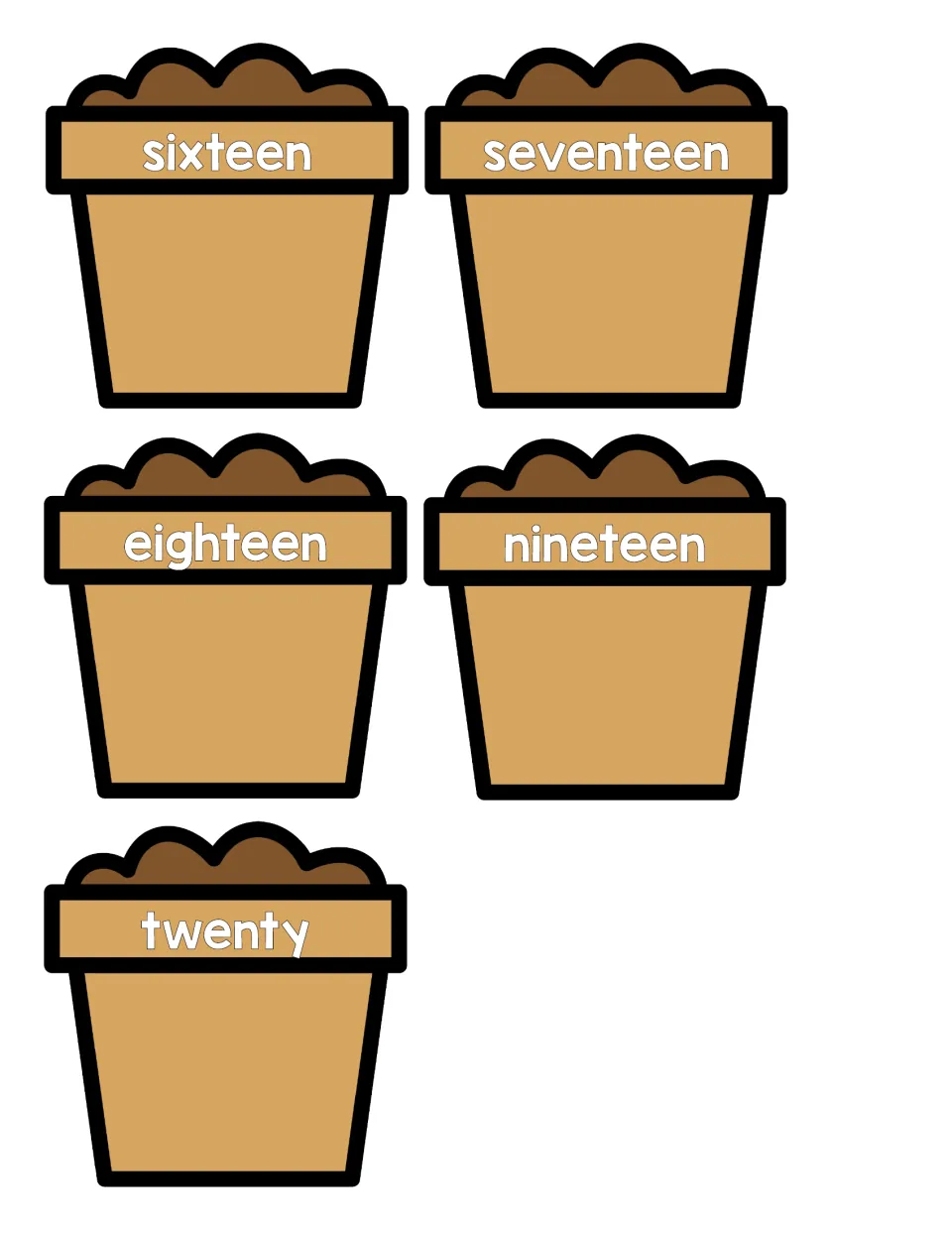 Pots labeled sixteen, seventeen, eighteen, nineteen and twenty, cut-out pieces for matching number words to flowers