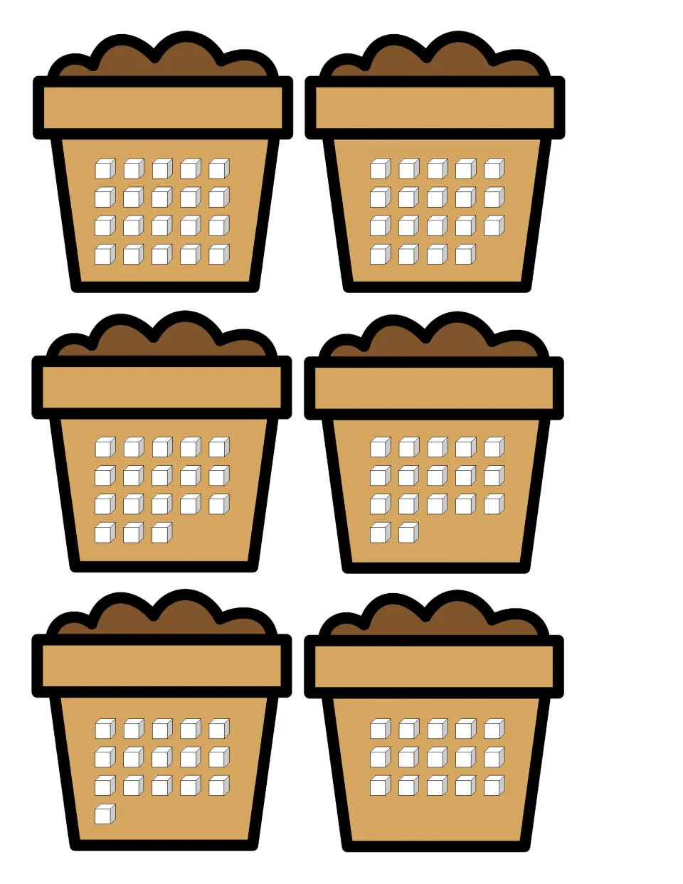 Counting cubes: six flower pots showing 20, 19, 18, 17, 16 and 15 cubes for students to count and match to a numeral