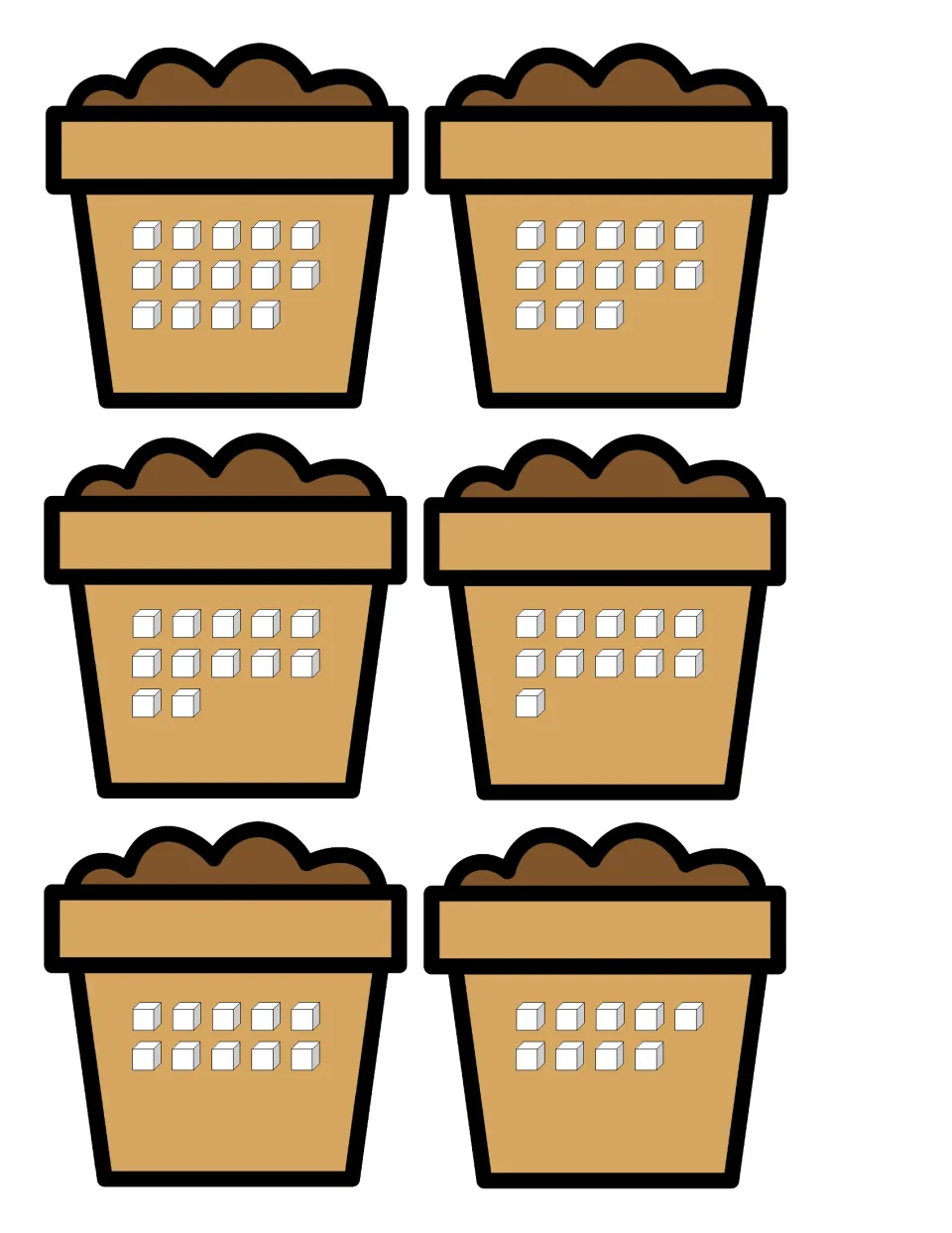 Counting cubes: six pots holding 14, 13, 12, 11, 10 and 9 cubes in rows of five for counting and matching to numerals
