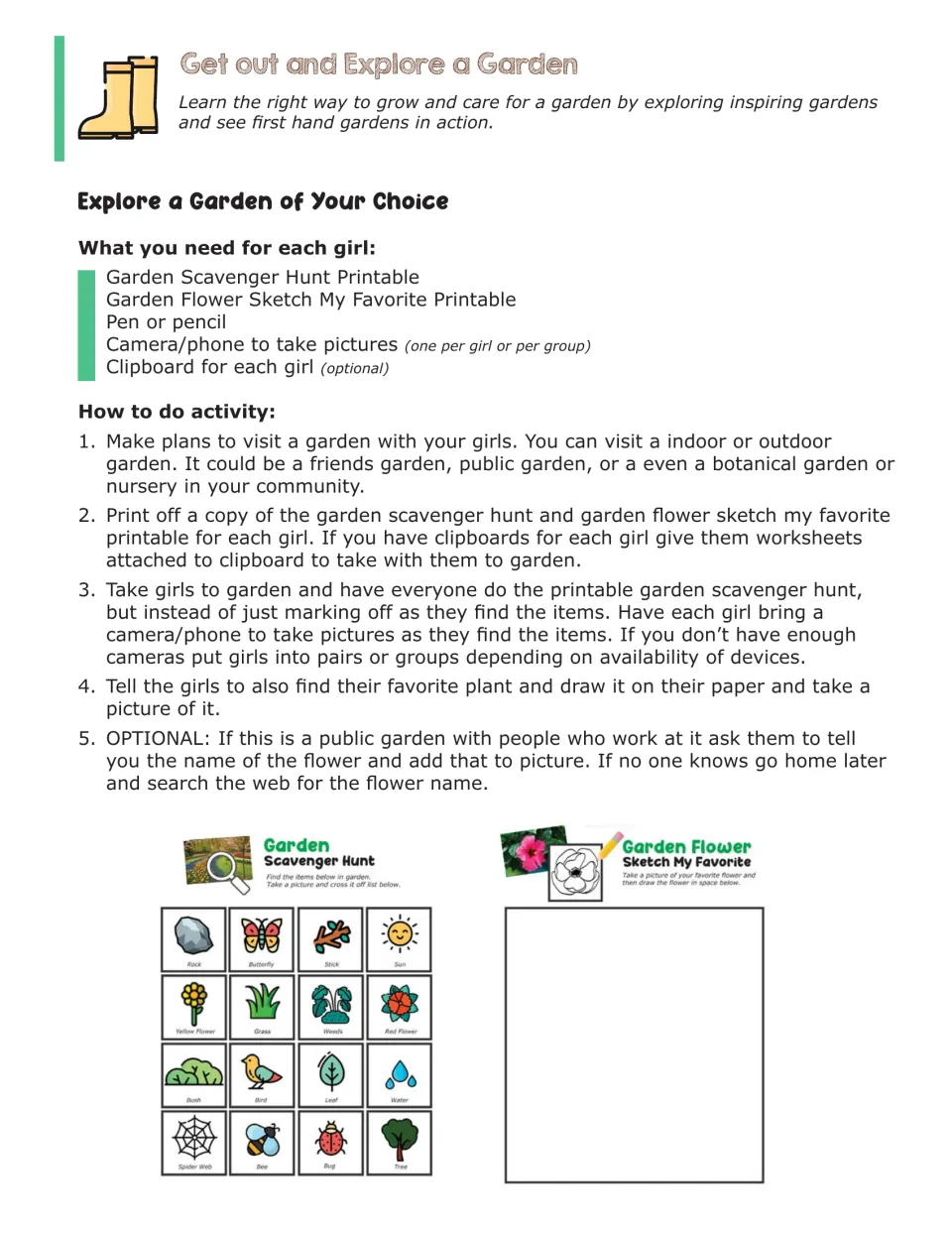 Explore a Garden leader guide: supplies and 5 steps for a garden visit with a photo scavenger hunt and flower sketch