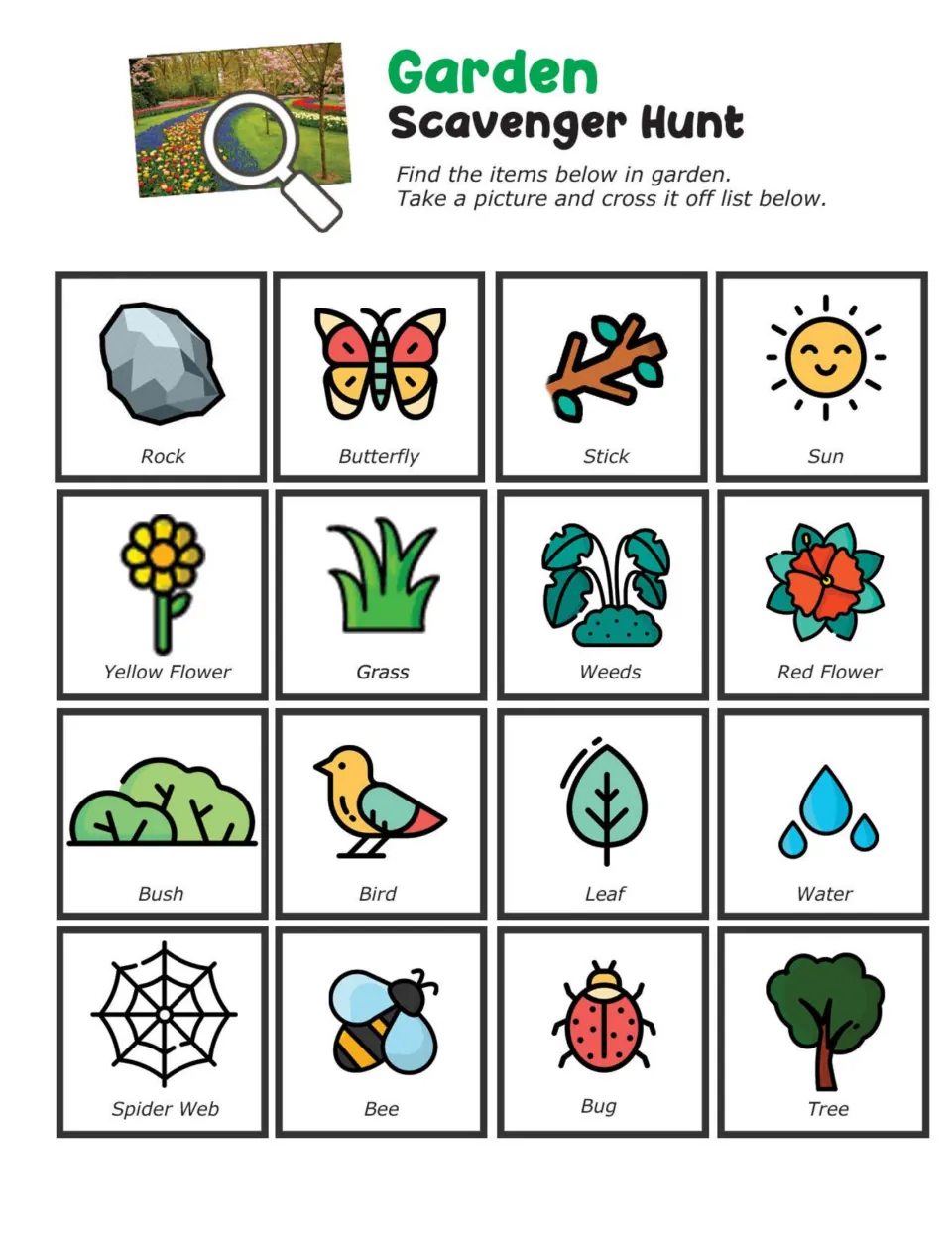 Garden scavenger hunt: students find and photograph 16 items such as a rock, butterfly, weeds, bird, spider web and bee