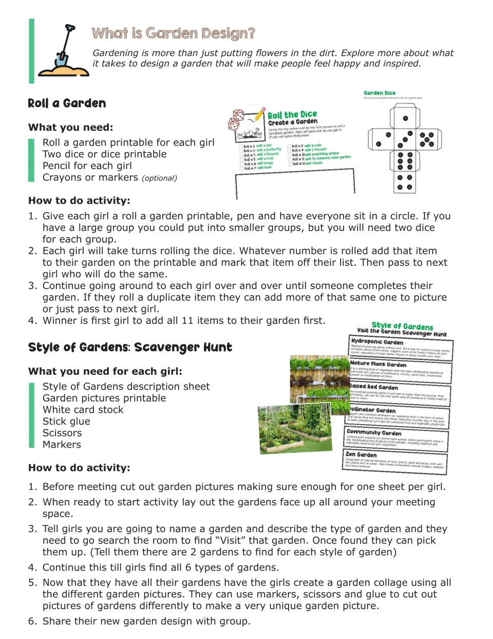 What is Garden Design? leader guide: steps for Roll a Garden dice game and Style of Gardens hunt with a garden collage