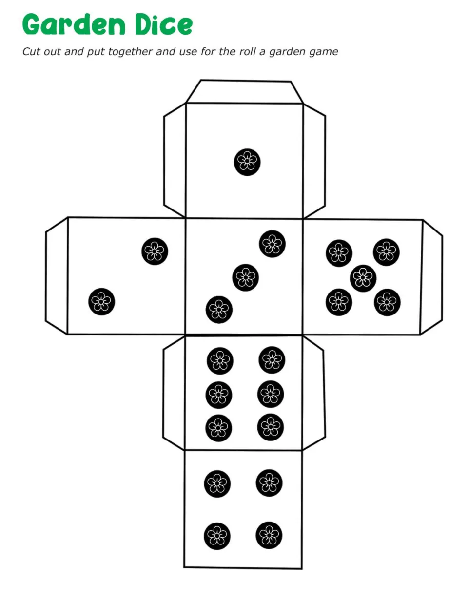 Garden Dice: a cube net with flower pips 1 to 6 that students cut out and assemble for the roll a garden game