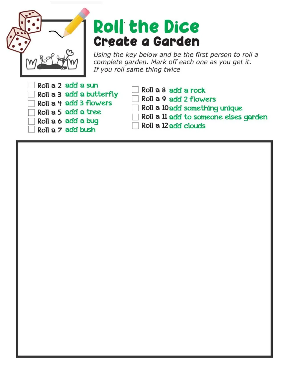 Roll the Dice, Create a Garden: students roll totals 2 to 12 and draw the matching item, like a sun, tree, bug or clouds